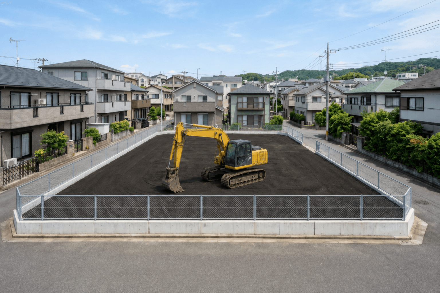 解体現場の敷地。中央で重機が作業している様子
