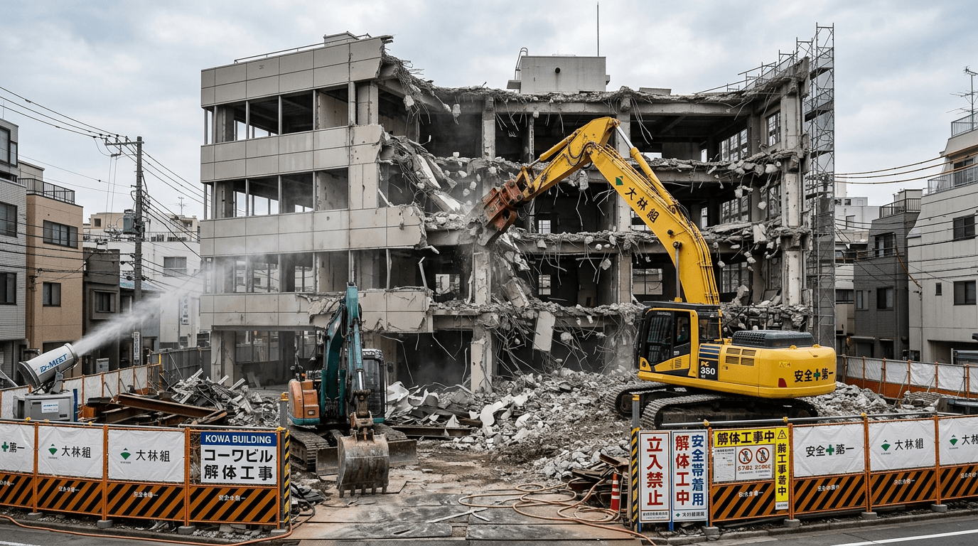 3階建て程度のRC造ビルを重機で解体する現場写真